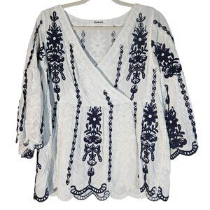 Kindred Boho Embroidered Bell Sleeve Sm Top White Navy Peasant Festival Blouse